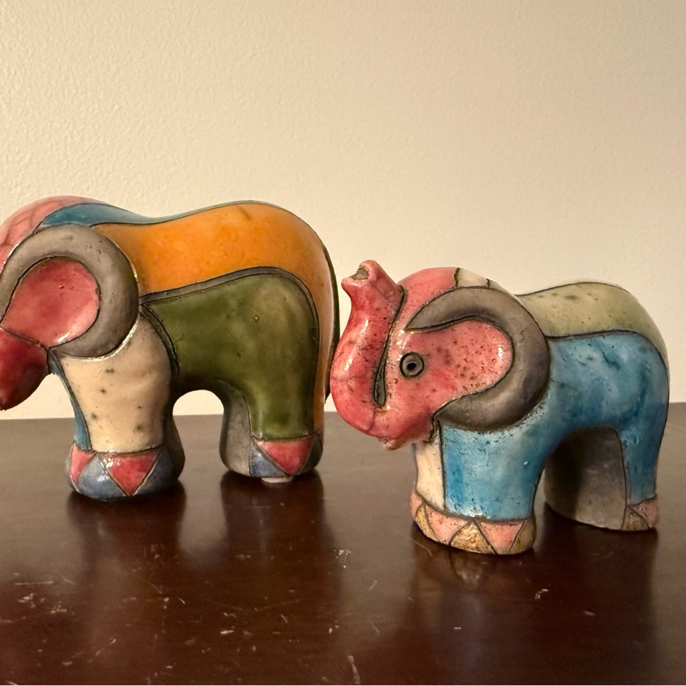 Vtg Set of 2 South African Raku Elephant Good Luck Trunk Up Handcrafted Pottery